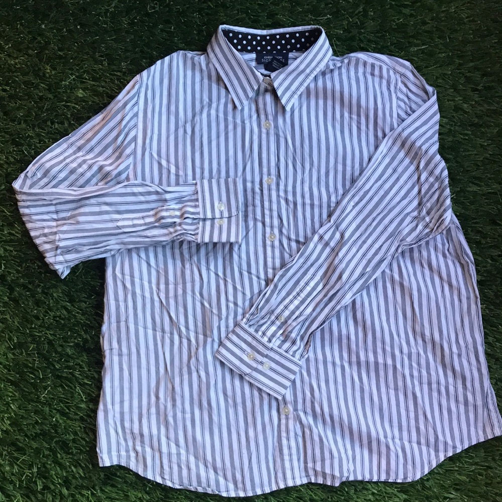 Jones New York Signature Button Down Shirt White Striped and Polka Dot Collar XL